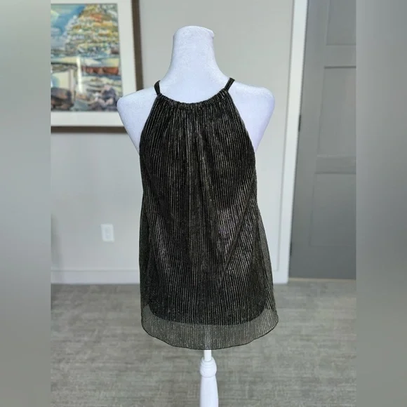 Metallic Black Gold Pleated Halter Top Sheer Overlay Date Night Party XS - Picture 8 of 12